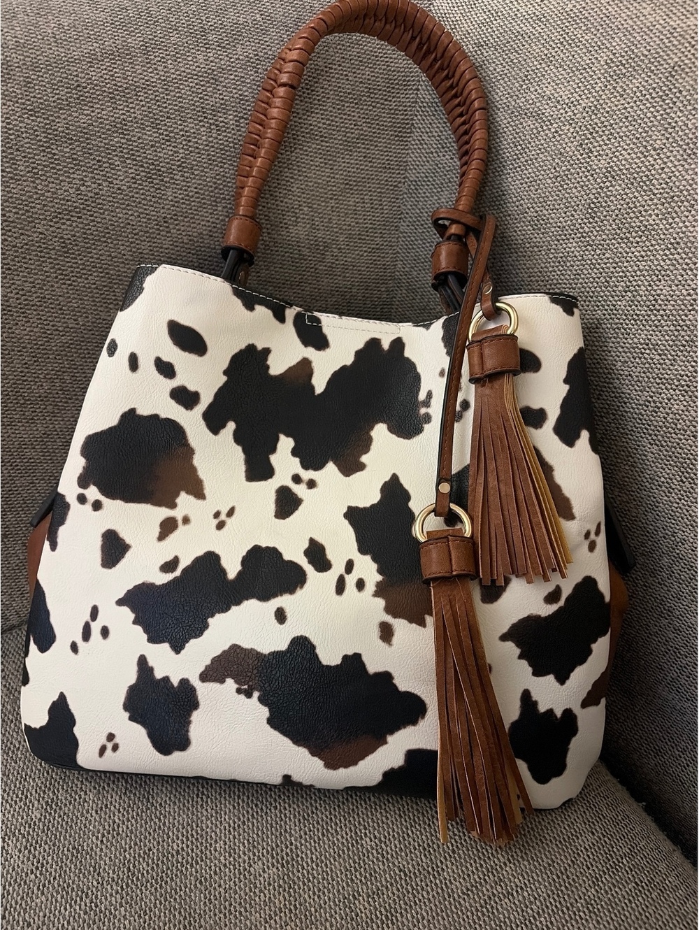 Jen & Co White, Black & Brown Cow Pattern Handbag Purse